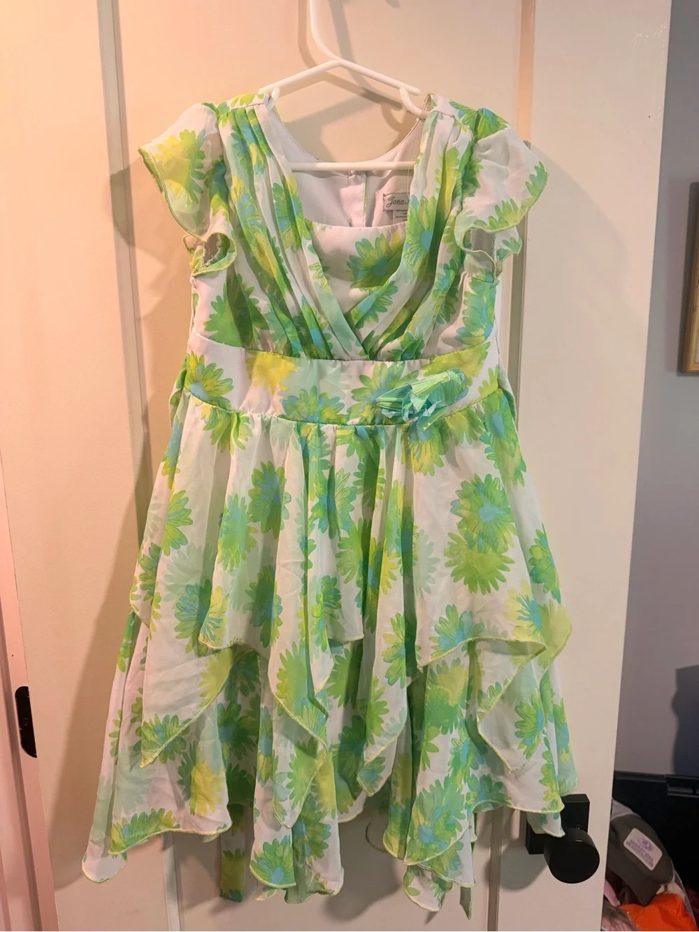Jona Michelle Green & White Floral Ruffle Dress